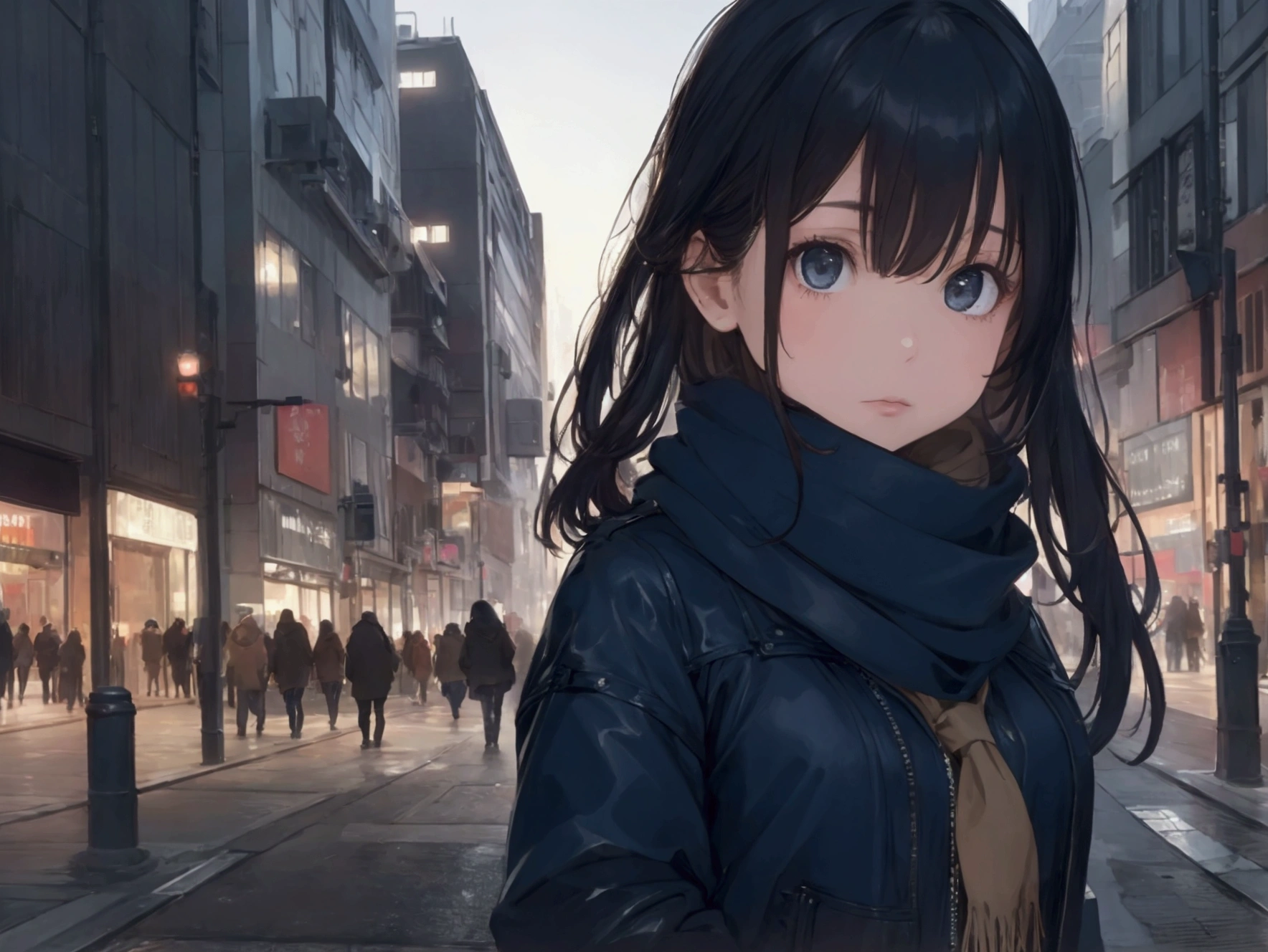 8k, Highest quality, masterpiece, Realistic, Very detailed, photo Realistic, Improvement of quality, Wearing a scarf, going out in the city(image)Photo of a girl standing, designer&#39;Dark and gloomy style, big chunks, Photobash, Calm face, Jagged Edges, navy, Natural Beauty, Full Body Shot