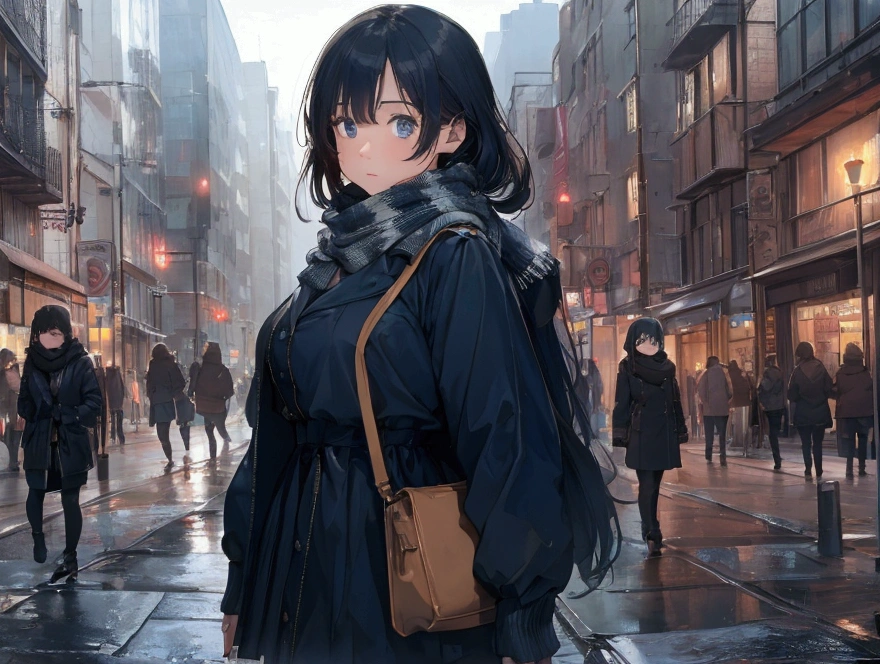 8k, Highest quality, masterpiece, Realistic, Very detailed, photo Realistic, Improvement of quality, Wearing a scarf, going out in the city(image)Photo of a girl standing, designer&#39;Dark and gloomy style, big chunks, Photobash, Calm face, Jagged Edges, navy, Natural Beauty, Full Body Shot
