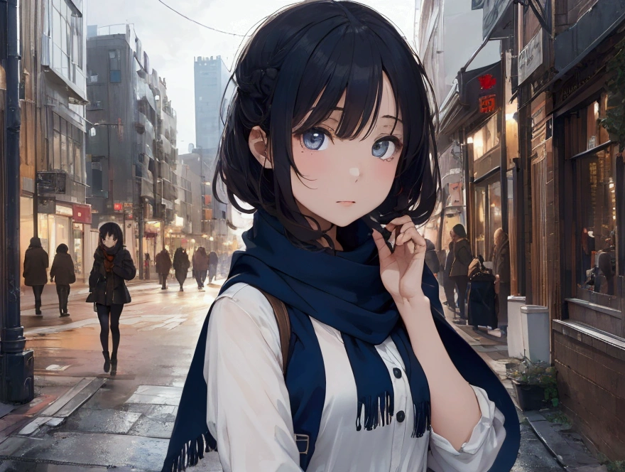 8k, Highest quality, masterpiece, Realistic, Very detailed, photo Realistic, Improvement of quality, Wearing a scarf, going out in the city(image)Photo of a girl standing, designer'Dark and gloomy style, big chunks, Photobash, Calm face, Jagged Edges, navy, Natural Beauty, Full Body Shot
