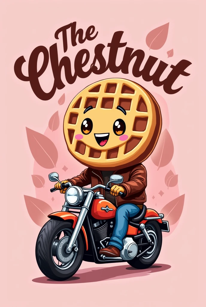 Logo for a pink coffee shop that has the phrase waffles "The Chestnut Grove", with an animated waffle on a harley motorcycle
