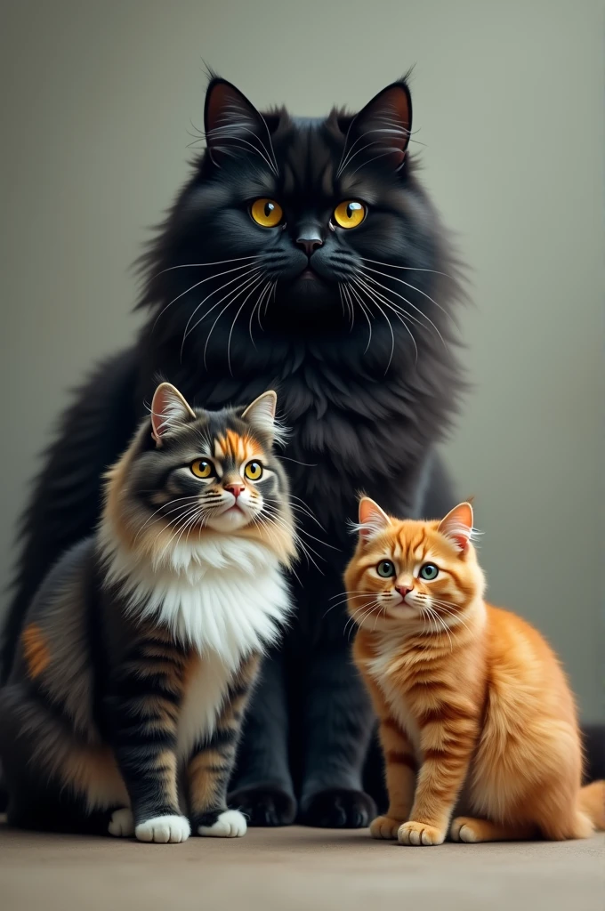 Crea una imagen sub realista de un gato persa extremo black color (big) by the wide, an extreme calico Persian cat (black color, gray, white, orange) (Median) by the wide y un gatico persa extremo color orange (little) short hair. The image only with the three cats.