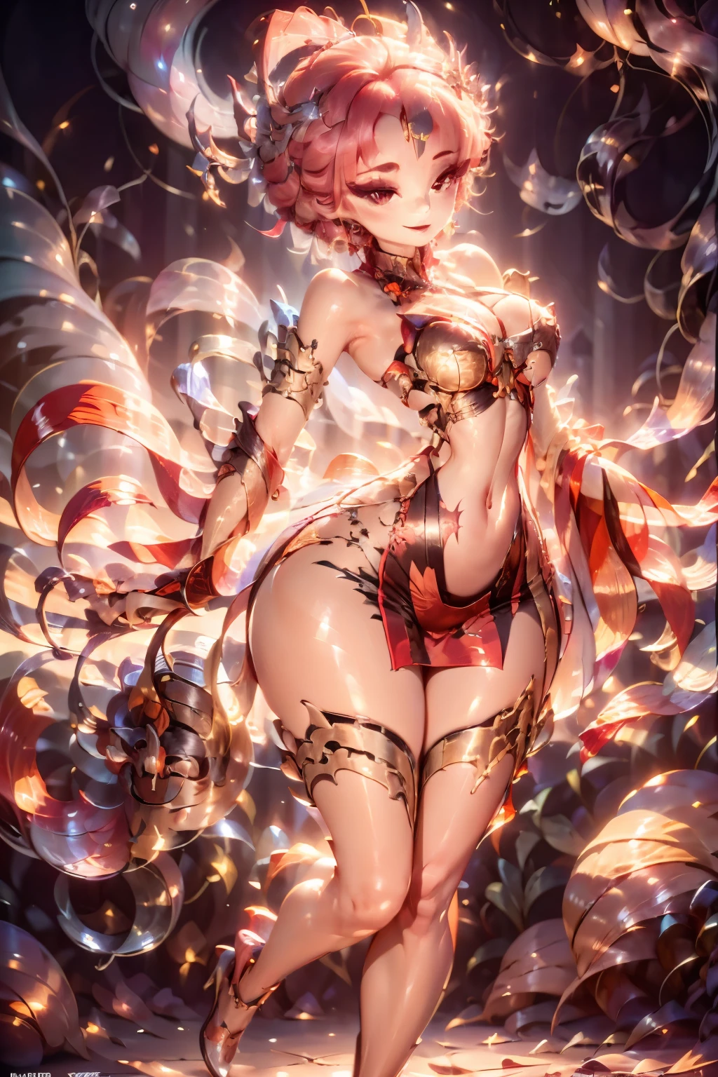((Detailed, 8k, masterpiece, high definition)) Ember, solo, 1 girl, girl made of fire, wide hips, big ass, big breasts, sexy seductive posture, dynamic pose, bedroom, ((Detailed, 8k, masterpiece, high definition)) sexy seductive tight cut out dress, tight highs, high heels, garter straps underneath, chocker, arm sleeves, sexy seductive smile on face, ((full body view)), ready to mate