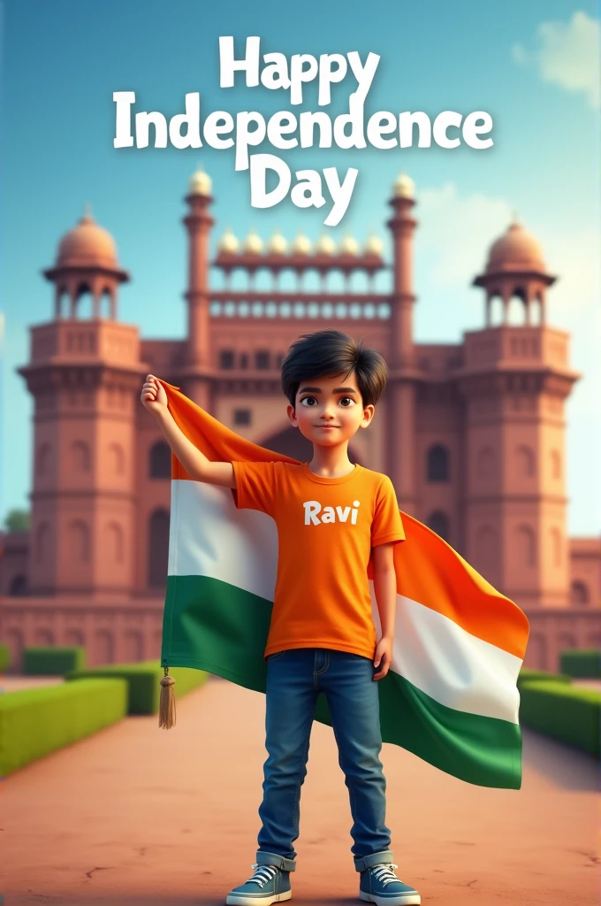 - A real  boy, Wearing Orange T shirt blue jeans sneakers and the name " RAVI " is written on his t-shirt and the boy is standing on the road with holding a national flag of India, and behind him is the Red Fort Delhi. And written on sky "Independence Day" Create Realistic image high quality.