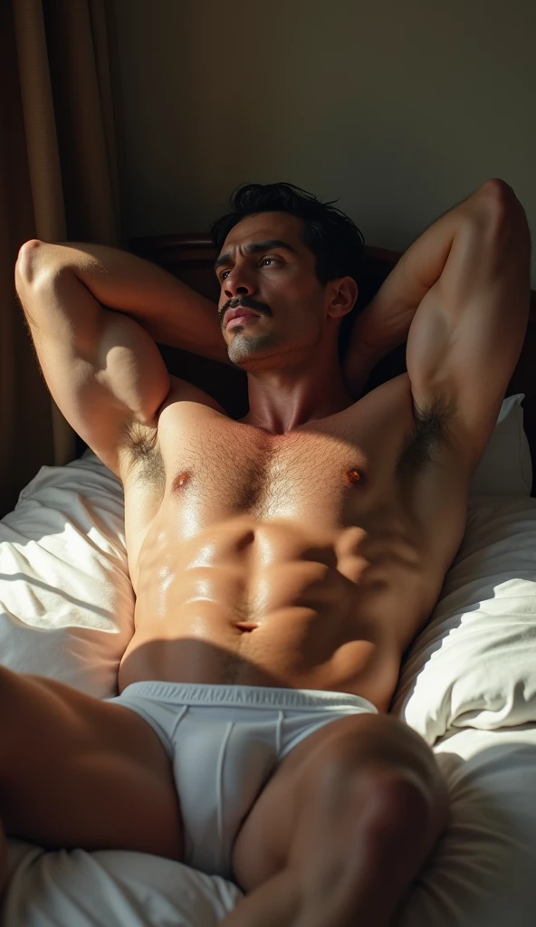 A muscular white man, tem bigode, he is lying on the bed with his arms crossed behind his head, shirtless and very sweaty in white underwear, he is sleeping having an erotic dream