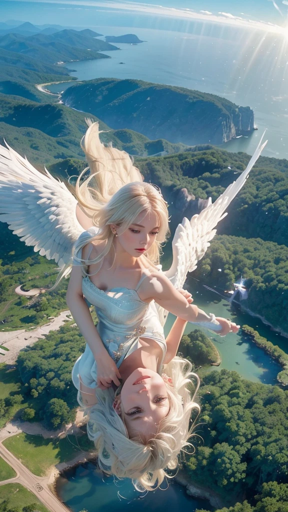 ((A serene summer scene with an ultra-high-definition, realistic angel flying gracefully in the sky)), The angel is facing towards the camera with lifelike facial features and detailed textures, The angel has intricately detailed white wings, fully extended as it soars through the air in an elegant, natural pose, The angel has platinum blonde hair flowing gently in the wind, with realistic light reflections and highlights, emphasizing the sensation of movement, The angel holds a silver staff, adding a touch of mystique and power, The theme color of the scene is blue, reflected in the angel's attire, the sky, and the overall color palette, ((The background features a clear summer sky with a soft, highly detailed rainbow arching across it, enhancing the feeling of wonder and beauty)), The scene takes place in a celestial world, with floating islands and ethereal clouds, adding a magical and otherworldly atmosphere Soft, white clouds accompany the rainbow, adding depth to the sky, Below, a green land and blue ocean are visible from a high angle, with realistic lighting and shadows, The landscape features gently rolling hills and a distant, vividly detailed sea, as seen from a high vantage point in this sky-bound world, The image is captured in a vertical 9:16 aspect ratio, emphasizing ultra-realistic textures, depth, and the dynamic nature of flight in a heavenly realm,