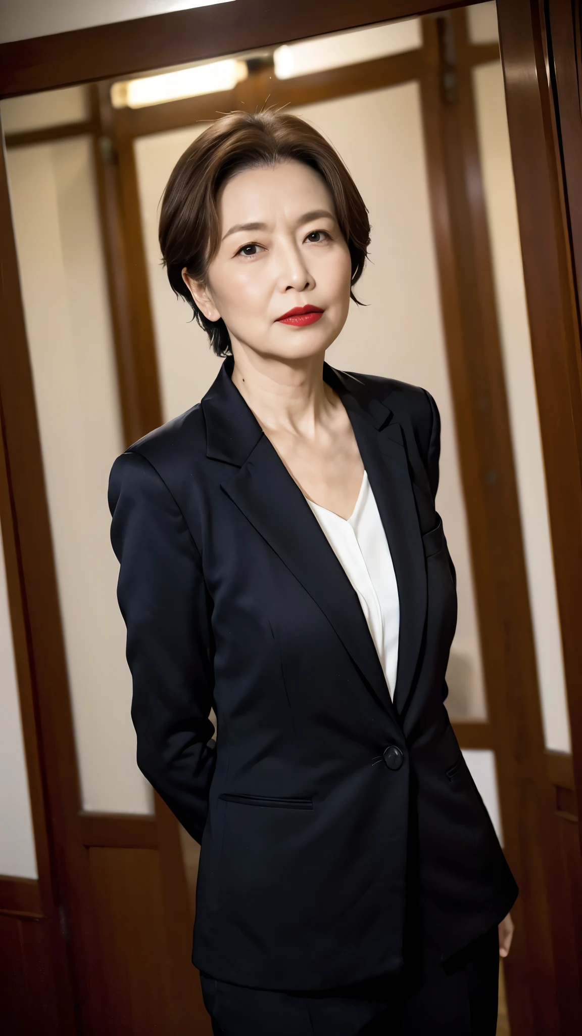 masterpiece, ((Great Focus)), 32K, Beautiful finish, Beautiful mature woman, 65-year-old woman, Dutch Angle, Photo of your ID, Cool look, Red lips, Thin lips, suit, round 1, Light from the front,