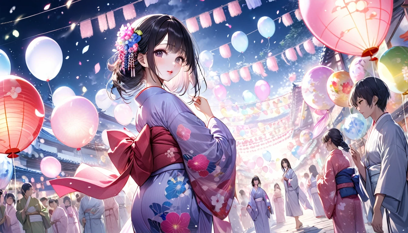 Panorama, Low - Angle,One woman, Japanese Festivals, Black Hair、Long Hair (Girl, Beauty, Moisture in Every Detail), (Glossy pink lip), Wearing a very beautiful yukata with double exposure morning glories) break, Night summer festival dance event, Many small prayer paper balloons in the background, break, There are no people in the background, Perfect Anatomy, masterpiece, Highest quality, 16K, Beautiful details night, Utopian performance.arms behind back