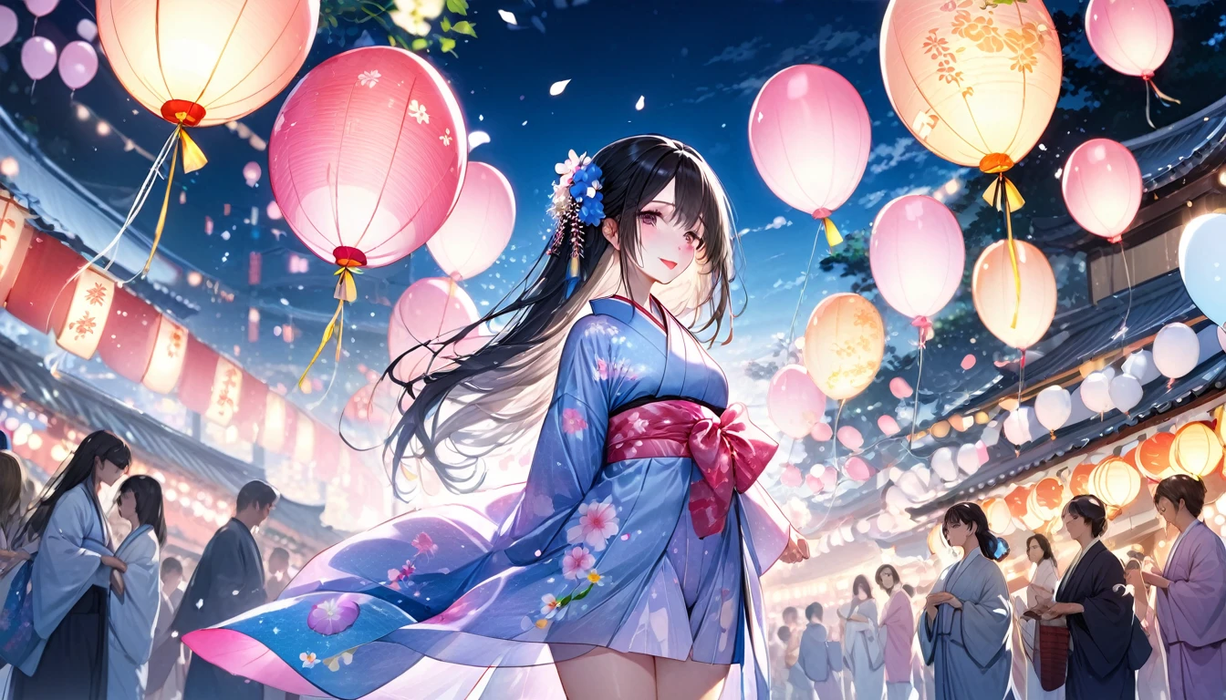 Panorama, Low - Angle,One woman, Japanese Festivals, Black Hair、Long Hair (Girl, Beauty, Moisture in Every Detail), (Glossy pink lip), Wearing a very beautiful yukata with double exposure morning glories) break, Night summer festival dance event, Many small prayer paper balloons in the background, break, There are no people in the background, Perfect Anatomy, masterpiece, Highest quality, 16K, Beautiful details night, Utopian performance.arms behind back