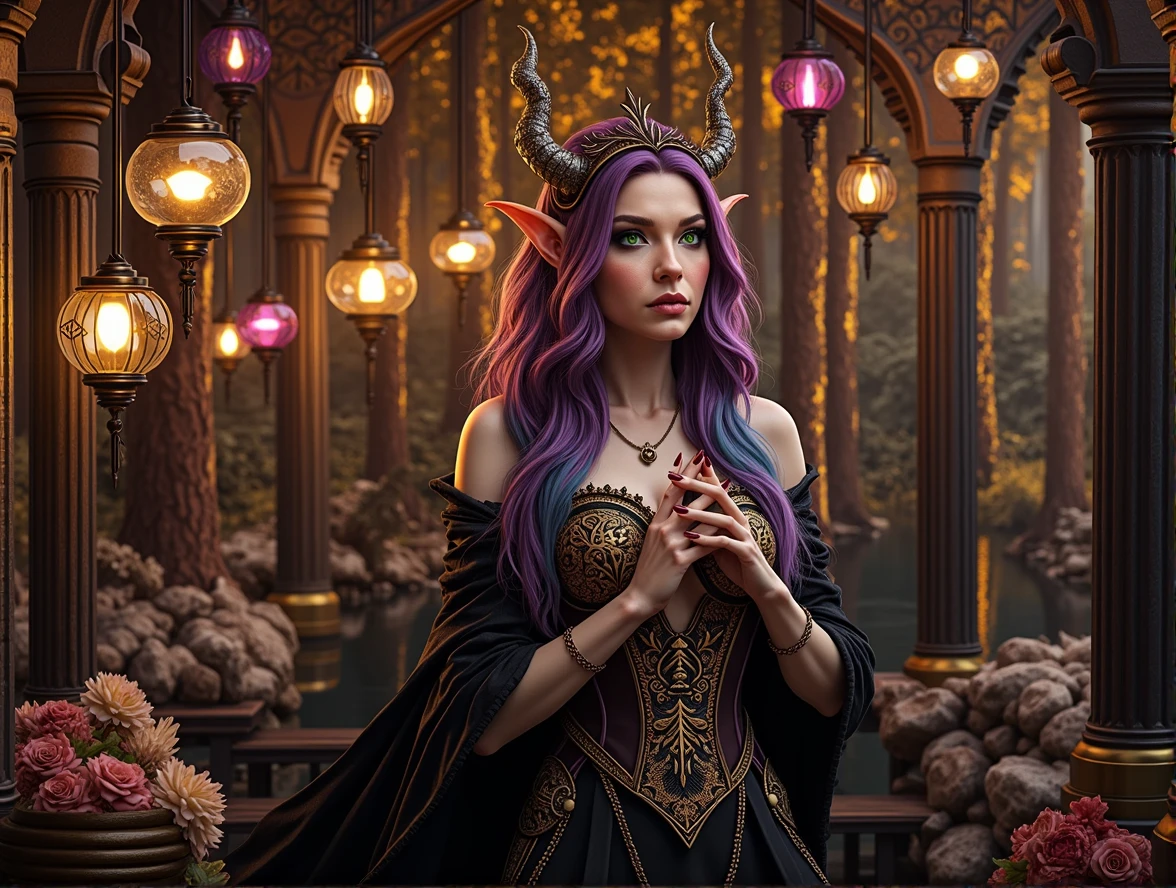 A powerful elven sorceress stands by a calm lake at dusk, holding a lantern that emits a soft golden light. She has long orange and violet hair, bright green eyes, and wears a red leather corset with a loose black cape. Her ears are pointed, and she has an air of mystery and danger about her. The background features misty mountains and a serene, misty lake, with reflections of the trees and moonlit sky.