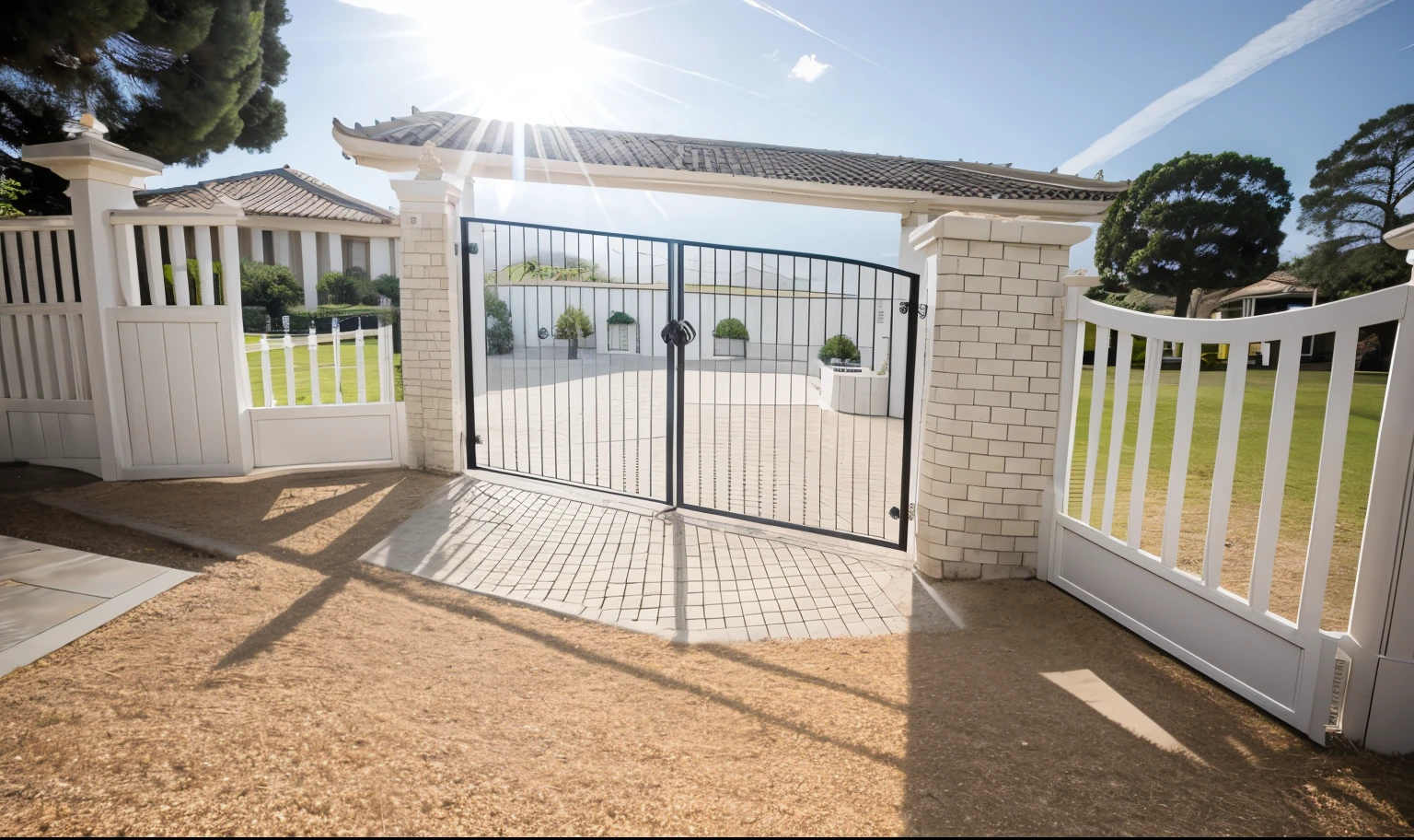 house gate, villa gate with white stone, grass, tree, highquality, realistic photo, canon eos 5D mark, natural light, 