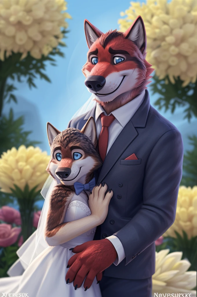 piar male and female, Ivan and Olga, wedding dress ,wedding, flowers, (Novosibirsk) ,tall handsome, wolf,young, 24 years, brown fur,Kind,(red body:1.3),beautiful blue eyes,Novosibirsk,dressed,black shirt, blue and red bow tie, trousers,canine, wolf, detailed fur, Male, antro, paw pads, finger claws,At the viewer, 5 fingers, paws, 5 fingers, smile, wrist watch, т nextel,by xenoforge, (difficult, high detail, digital photography, soft focus, RAW variety театр,Very close to the camera, variety,Novosibirsk, smile, good mood, positive, Very close to the camera,black shirt, wedding, bride and groom, wedding,
photorealism, realistic, photorealistic, digital style, subsurface scattering,I look at the viewer, In the shop, выбирает flowers для мамы,
masterpiece, Best quality, ultra realistic, 8 K)