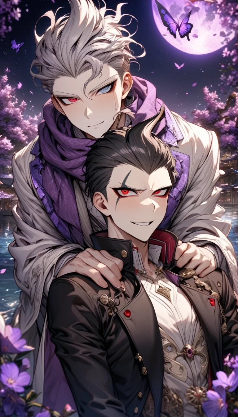 absurdres, highres, ultra detailed, HDR, master piece, best quality, extremely detailed, Tanaka Gundham, black hair, expressive red eyes, Danganronpa, Krozerus, white hair, messy hair, expressive blue eyes, two sexy men together, yaoi, gay couple, handsome, handsome smile, purple scarf, black coat, white T-shirt, white coat, magical, shining, purple flowers, blossoms, water, purple petals, purple butterflies, sparkling, purple moon, starry sky