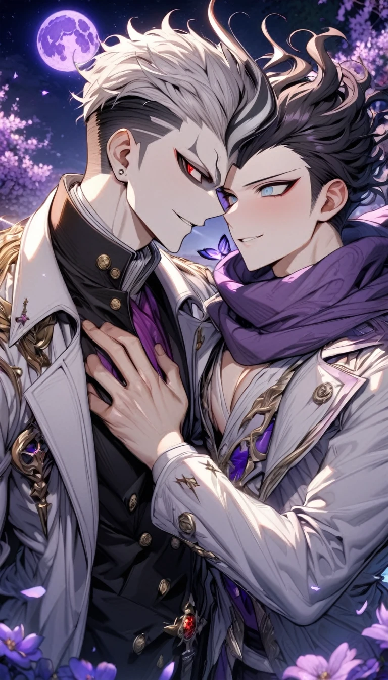 absurdres, highres, ultra detailed, HDR, master piece, best quality, extremely detailed, Tanaka Gundham, black hair, expressive red eyes, Danganronpa, Krozerus, white hair, messy hair, expressive blue eyes, two sexy men together, yaoi, gay couple, handsome, handsome smile, purple scarf, black coat, white T-shirt, white coat, magical, shining, purple flowers, blossoms, water, purple petals, purple butterflies, sparkling, purple moon, starry sky