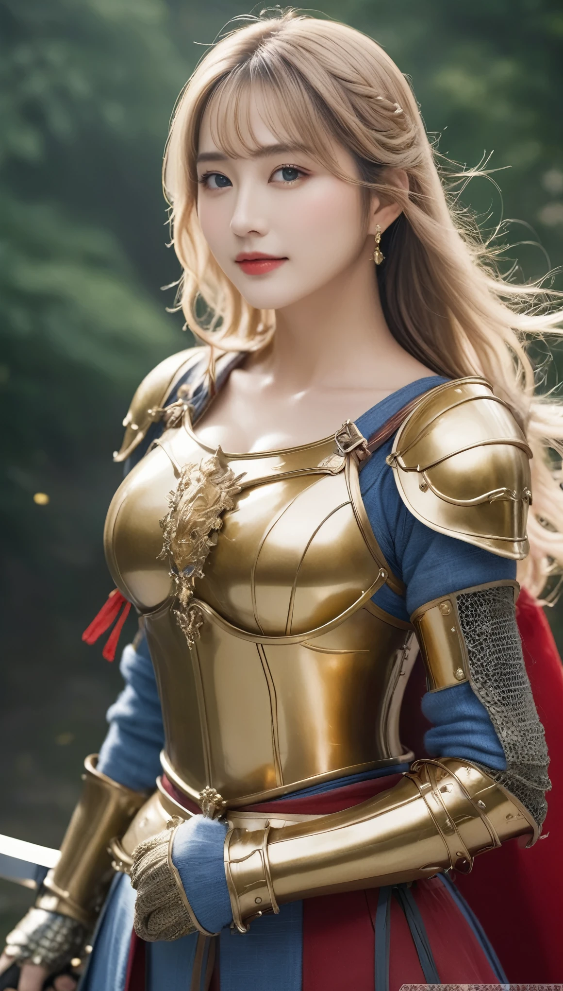 masterpiece,Highest quality,上位のknight,(女性knight_knight:1),(Gold Armor:1.3), (35歳の女性knight:1.3),、(((Big and ample breasts))) Big big cleavage、(((Big big big boobs))) ,Hyper Real,中世ヨーロッパのbattlefieldにいる,Beautiful smile、British women、Delicate skin texture to the smallest detail、Detailed blue eyes (Very large)、(Beautiful middle-aged woman)、(Fluffy long blonde hair)、Dense and dense skin texture、(((Very big boobs)))、女性knight、(((Big big cleavage)))、豪華に装飾されたGold Armor、Golden long boots with flashy decorations、Pure gold and jewellery necklaces and collars、Large gold earrings、Red lips、(((Dressed in gorgeous golden armor)))、Golden Long Globe、((She has a fancy long sword))、The sword is ornately decorated..........................、((The blade is crimson))、(女性knight)、(battlefield)、