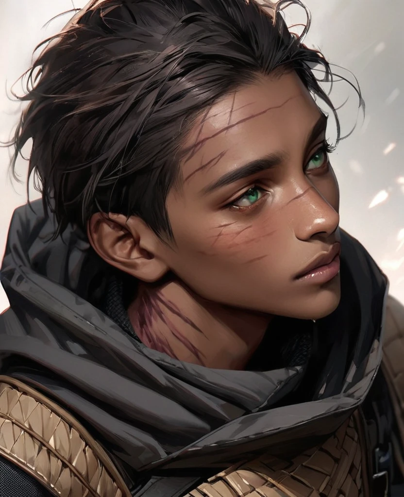 Visable burn scars, hood down, burns going from neck to lower face, masterpiece, best quality, realistic, african man, dark skin, black man, african american, african features, 1man, disfigured, 21 years old, eyes visable, fit, looking worn down, kevlar armor (like swat),african hair, short hair (fade), intimidating, warrior, green eyes