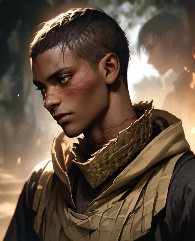 Visable burn scars, hood down, burns going from neck to lower face, masterpiece, best quality, realistic, african man, dark skin, black man, african american, african features, 1man, disfigured, 21 years old, eyes visable, fit, looking worn down, kevlar armor (like swat),african hair, short hair (fade), intimidating, warrior, green eyes