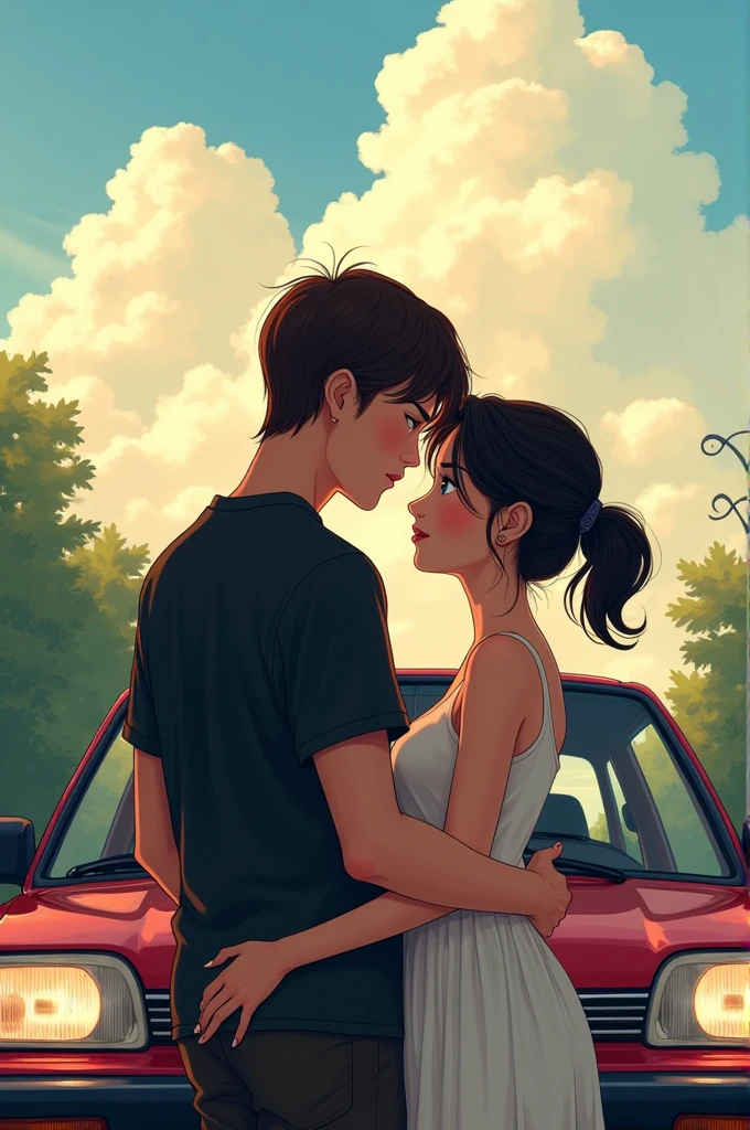 Couple leaning against a white 1995 Honda Civic coupe, envisioning a beautiful landscape. The husband is white, has 1.73 tall and weighs 63kg. He has straight, dark brown hair., light brown eyes and black loose shirt. The woman is black, has 1.59 tall and weighs 46kg. Ela tem black power. Japanese anime style photo. The woman is black!!!