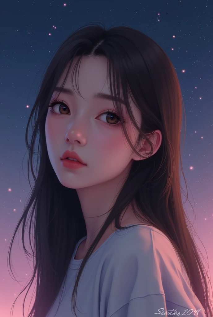 A portrait shot of A realistic young woman with korean features. with long, straight hair colored dark brown. calm and serene expression. The background is pastel purple/dark blue with stars 