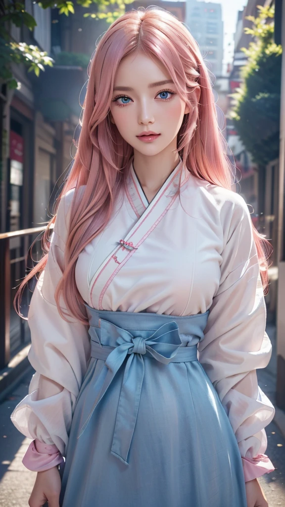 (finely detailed beautiful eyes and detailed face,masterpiece sidelighting,masterpiece,best quality,detailed,high resolution illustration),, (1girl,whole body,bishoujo,lustrous skin,looking down,looking at viewer),, (pink hair,blue eyes,ribbon,hanbok, korean clothes), (clothed_underbust:1.2),underboob,