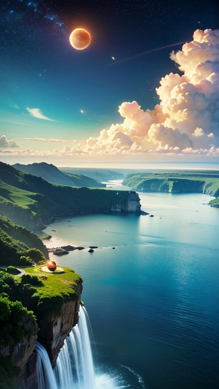 Fantasy、Different world、starry skies、Three moons、Two Saturns、shooting star、milky way、colorful clouds、Different world、The ocean spreads out、Big waterfall、Countless islands floating in the sky、Vast views、Wide-angle lens、Composition looking down from a high hill. Realistic blurry background. 4K Full HD 60 FPS、Realistic Lighting