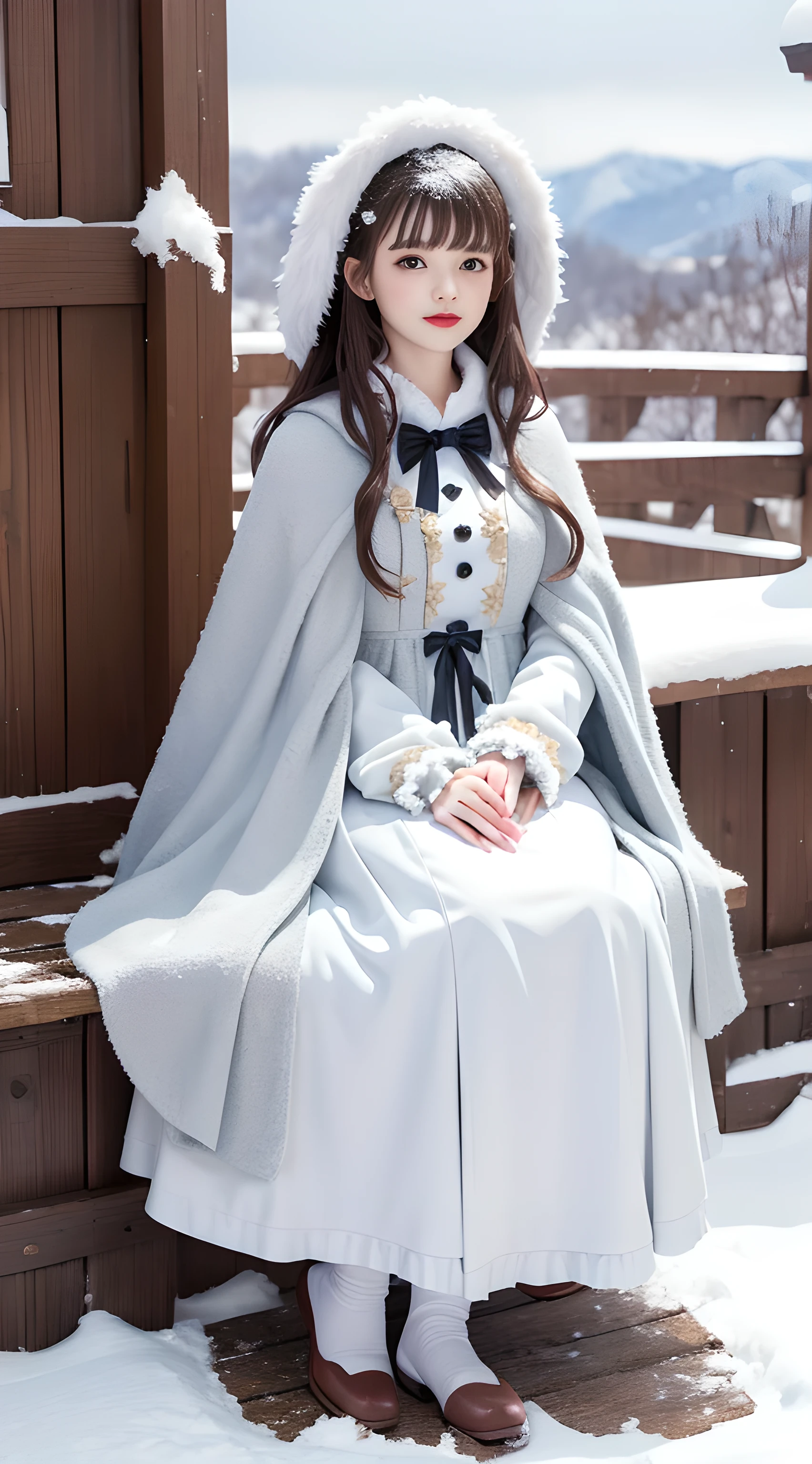 ((masterpiece))，(Ultra-high resolution)，1 girl, sit, Lolita clothing，cloak (snow, Winter Outdoor Activities:1.2),Outside the castle，8K，details，Laughter，