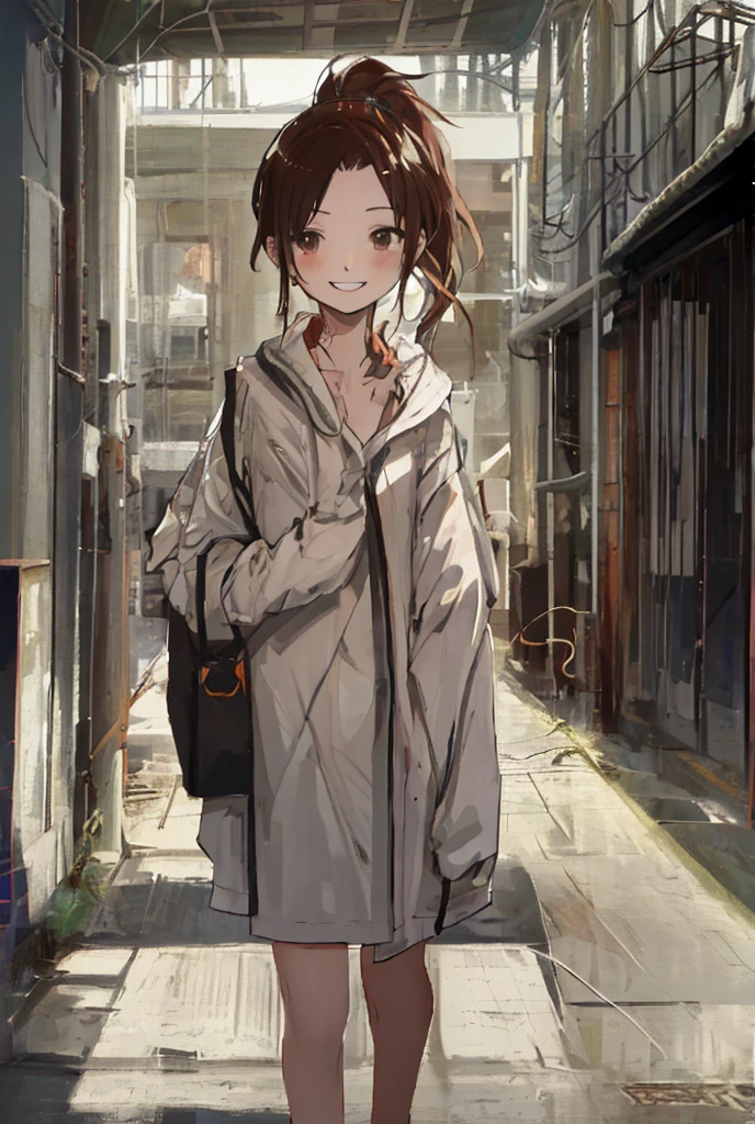 Completely naked、Brown hair ponytail、Long Hair、Are standing、True Face、smile、One adult woman