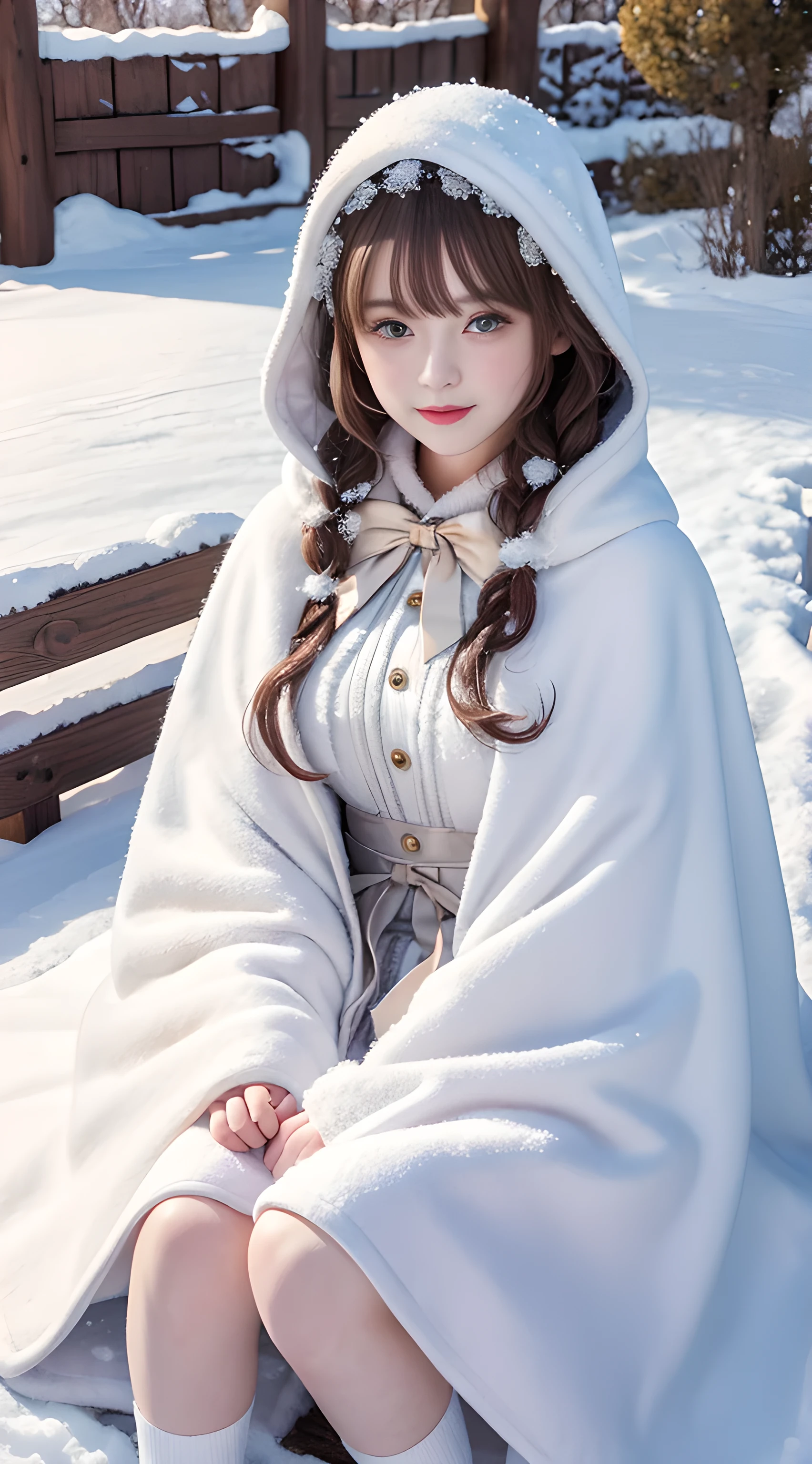 ((masterpiece)),(Ultra-high resolution),1 girl, sit, ta clothing,cloak (snow, Winter Outdoor Activities:1.2),Outside the castle,8K,details,Laughter,