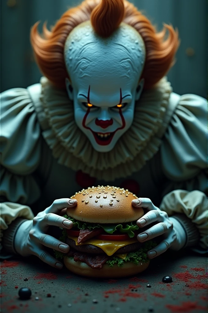 The character Pennywise behind a burger staring at it, in a dark and colorless place, with low contrast, leaving the clown and the hamburger very evident. Create a more realistic one possible