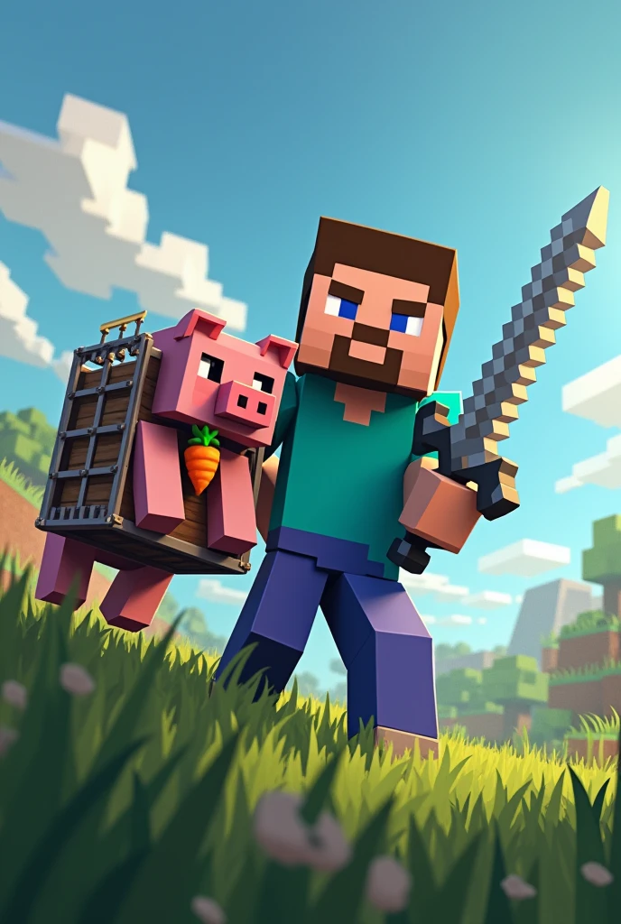 A Minecraft character holding a sword, a pig with a cage on its back and a carrot in its mouth