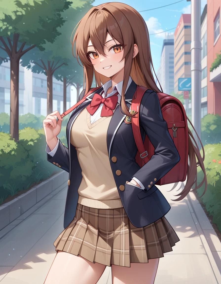 Masterpiece, hd, highly detailed,  detail,  1girl , highschool student, long hair, brown hair, UNiform, red bowtie, collared shirt, sweater vest, blazer, black blazer, opened jacket, long sleeves, plaid skirt, brown skirt, outdoor,  smile,  standing, cowboy shot, wearing backpack, rugsack