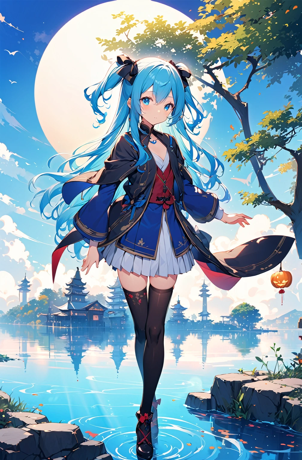 1girl,  solo, outdoors, long hair, holy place, Original,(Illustration:1.1),(Best Quality),(masutepiece:1.1),(the Extremely Detailed CG Unity 8K Wallpapers:1.1), (Colorful:0.9),(mid-shot:0.9??????tremely detailed beautiful face),(Solo:1.2), (girl),(((Lori))), (Detailed beautiful eyes:1.15), (Beautiful face:1.15), (Glowing blue eyes:1.25////),(((sky blue Long Hair))),(two side up),(+perfect hand+:1.21),(Draw illustration of Japan priestess costume),(slender),(White pleated skirt),(Gothic),((black thighhighs)),(frilld),(Beautiful Slender Lolita Girl),hallowween,standing, girl,10 years old,  girl,foggy place,vampire,