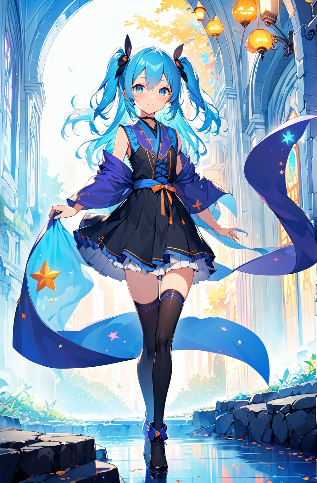 1girl,  solo, outdoors, long hair, holy place, Original,(Illustration:1.1),(Best Quality),(masutepiece:1.1),(the Extremely Detailed CG Unity 8K Wallpapers:1.1), (Colorful:0.9),(mid-shot:0.95),(extremely detailed beautiful face),(Solo:1.2), (girl),(((Lori))), (Detailed beautiful eyes:1.15), (Beautiful face:1.15), (Glowing blue eyes:1.25////),(((sky blue Long Hair))),(two side up),(+perfect hand+:1.21),(Draw illustration of Japan priestess costume),(slender),(White pleated skirt),(Gothic),((black thighhighs)),(frilld),(Beautiful Slender Lolita Girl),hallowween,standing, girl,10 years old,  girl,foggy place,vampire,