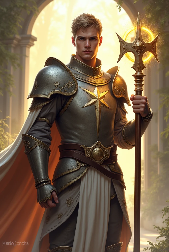 Male RPG cleric in light templar armor, with a small hammer and a staff with halos