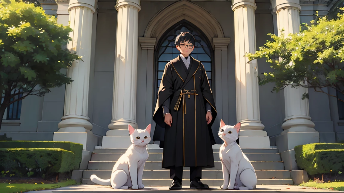 A white kitten,Wearing a pair of round glasses with black frames,Wearing a dark grey professorial robe,The robe has gold piping。It stands in front of an ivy-covered teaching building on a university campus.,There is green grass under your feet。