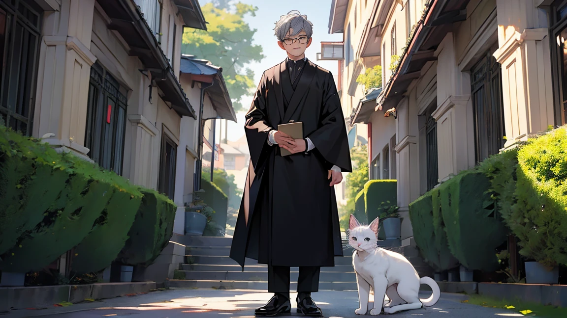A white kitten,Wearing a pair of round glasses with black frames,Wearing a dark grey professorial robe,The robe has gold piping。It stands in front of an ivy-covered teaching building on a university campus.,There is green grass under your feet。