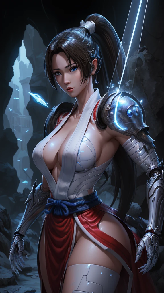 (La Best Quality,A high resolution,Ultra - detailed,actual),Mai Shiranui,( Mai Shiranui The King of Fighters:1.4 ), (Red dress/white similar to the one used by ninjas:1.4) ,(They added white flowers to her dress, as well as a black belt with yellow tones) .,(Dungeon Ruins Background Ruined Cave Cavern :1.4 ), Unreal Engine:1.4,UHD,The best quality:1.4, Photorealistic:1.4, skin texture:1.4, masterpiece:1.8, epic fantasy art style hd, 4K fantasy art, epic fantasy digital art style, epic fantasy art style, Fantasy Woman, epic fantasy art portrait, Epic fantasy style, hyperrealistic fantasy art, hd fantasy art, epic fantasy character art, epic fantasy art, in style of dark fantasy art, epic fantasy digital art, (cowboy pose :1.4), (cinematic lighting :1.4), (Mai Shiranui:1.4), (Mai Shiranui :V2.1), (face detailed :1.4), (perfect anatomy :1.4) (85mm f/1.4), More detailed 8K.Unreal Engine:1.4,UHD,La Best Quality:1.4, Photorealistic:1.4, skin texture:1.4, masterpiece:1.8,first work, Best Quality,object object], (detailed face features:1.3),(The correct proportions),(Beautiful blue eyes:1.4 ),  (cowboy pose:1.4 ), (perfect anatomy detallado :V2.1),( not mutations), (armadura white cyborg plastic transparent plastic ninjas :1.4),( plastic transparent ninjas armadura white :1.4), (dark ebony skin:1.4)