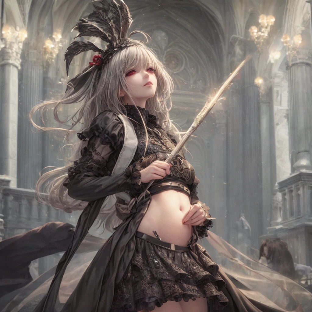 a gothic lolita girl in a majestic cathedral, beautiful detailed eyes, beautiful detailed lips, extremely detailed eyes and face, long eyelashes, elegant gothic dress with a skirt full of frills, red accent embroidery, long shining white hair, mysteriously glowing crimson eyes, queen, crystal flower, sparkling stained glass like a kaleidoscope, layered skirt with detailed embroidery, very layered ruffles, detailed texture, a geometric magic circle above her head, ornamented silver walking stick, the hidden forbidden sanctuary, cool pose, glamour, from below, (best quality, 4k, 8k, highres, masterpiece:1.2), ultra-detailed, (realistic, photorealistic, photo-realistic:1.37), HDR, UHD, studio lighting, ultra-fine painting, sharp focus, physically-based rendering, extreme detail description, professional, vivid colors, bokeh