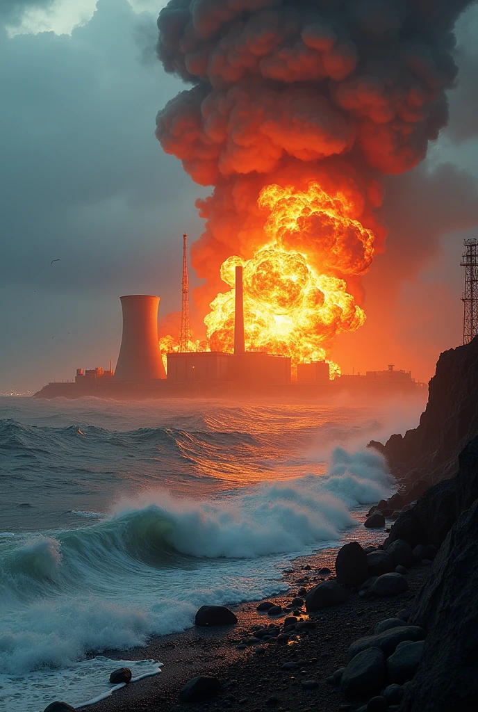 big earthquake,Nuclear power plant explodes and bursts into flames, leaving half destroyed, rubble,A massive tsunami covers nuclear power plants,Massive tsunami higher than buildings, huge explosions, and tattered buildings、nuclear power plant、Big waves/high waves、heaven and hell.ultra-detailed、best quality ,hyper quality,highly detailed,thick fog、big city、Destruction