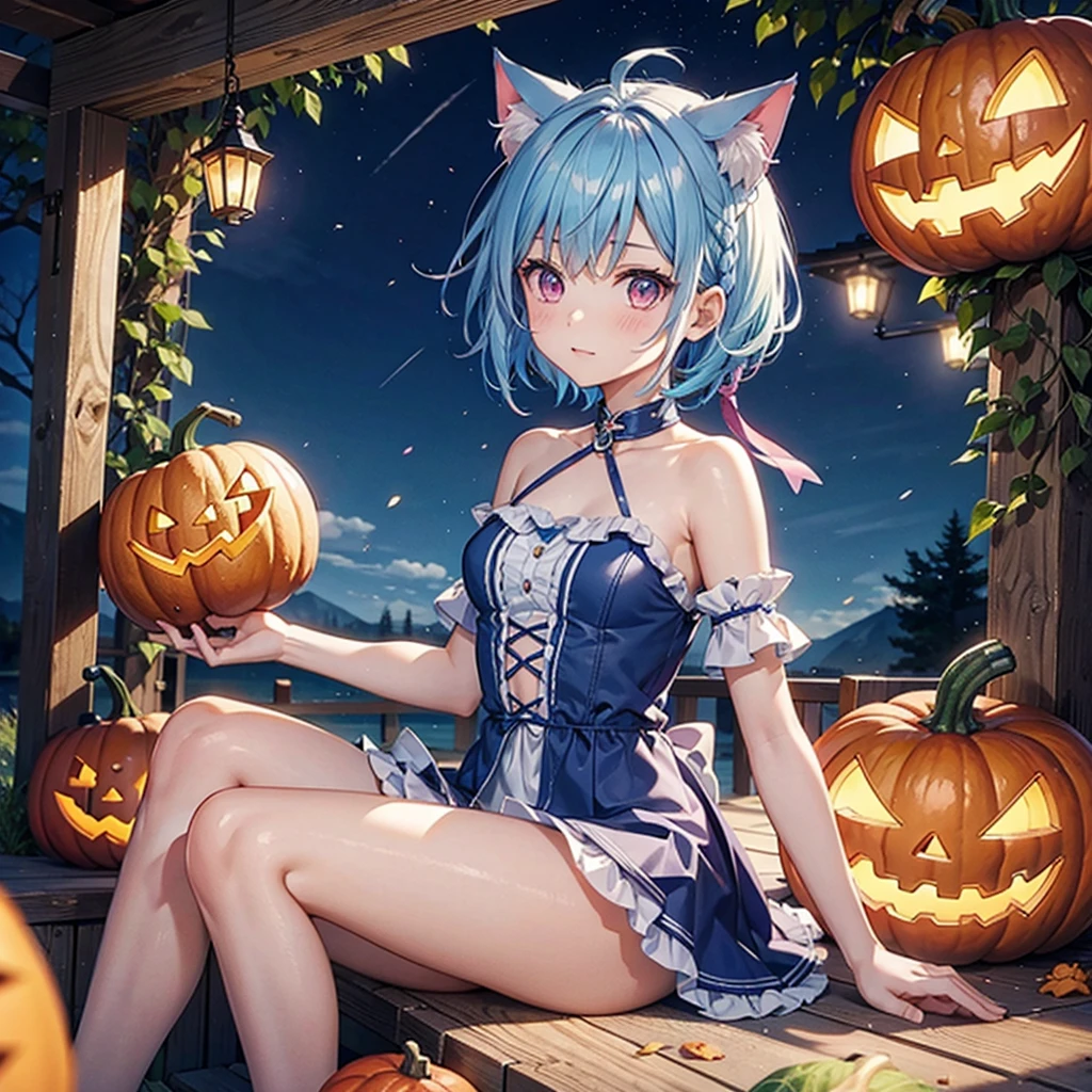 (Sky blue hair),(Braided short hair), (Pink Eyes),Fair skin) ,(whole body),(One Girl),(There are lots of pumpkin ghosts in the background),Cat ear,Cat's Tail,(Sailor suit),(Bruises and ugly faces),(Fall into Darkness),If you don't give me sweets, I'll play a prank on you.),(Halloween Night Party),(masterpiece, Highest quality, Very detailed, Best Shadow), (Detailed Background), (Beautifully detailed face), High Contrast, (Best lighting, Very delicate and beautiful), ((Cinematic Light)), Hyper Detail,8k, Dramatic Light, Intricate details,night,(Bats flying in the background),High quality