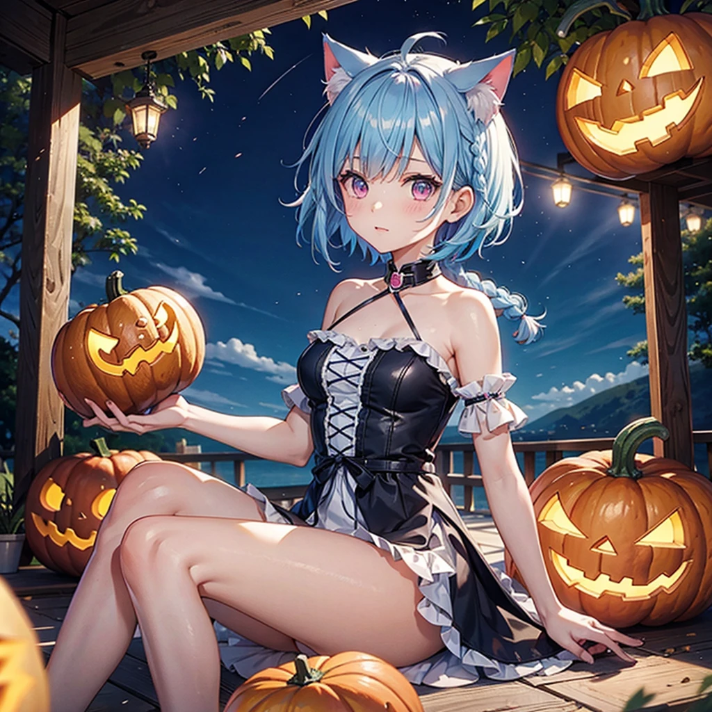 (Sky blue hair),(Braided short hair), (Pink Eyes),Fair skin) ,(whole body),(One Girl),(There are lots of pumpkin ghosts in the background),Cat ear,Cat&#39;s Tail,(Sailor suit),(Bruises and ugly faces),(Fall into Darkness),If you don't give me sweets, I'll play a prank on you.),(Halloween Night Party),(masterpiece, Highest quality, Very detailed, Best Shadow), (Detailed Background), (Beautifully detailed face), High Contrast, (Best lighting, Very delicate and beautiful), ((Cinematic Light)), Hyper Detail,8k, Dramatic Light, Intricate details,night,(Bats flying in the background),High quality