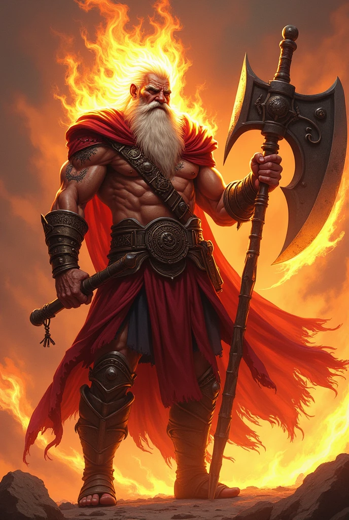 Muscular old man with glowing veins and flaming hair, with sun powers wielding a giant axe and dagger in anime-style Mitcan war attire
