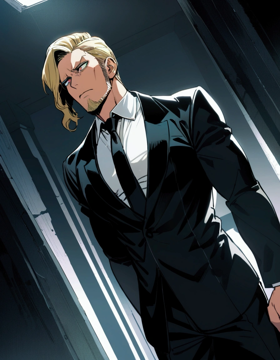 1man, man in black, vigorous mature, business hair with asymmetrical bangs, goatee, green platina blond hair, emerald eyes, BREAK 40yo, charming caucasian, slightly long chiseled face, deep set, angular jaw, facial wrinkles, crewcut, BREAK ideal ratio body proportions, middle weight muscular, beautiful detailed eyes, dark hero, best eyes, BREAK solo, funeral black suit, black necktie, white shirt, at wall street, detailed background, gloom, cool expression, natural standing, looking away, BREAK upperlegs, dramatic expression, in korean illustration style, masculine comic art, 2010s, retro visual novel, in persona style, dutch angle, cinematic shadows, cinematic lighting, lens flare, light leaks, texture, absurdres absolutely resolution, extreme all detailed, greatest painting, BREAK masterpiece, best quality