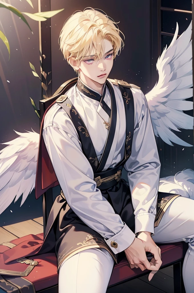 masterpiece, Best Quality, 2.5d illustration , 8k cg wallpaper, A handsome Korean high school boy with blond hair and violet eyes., The child wears angelic clothing, Angel wings, sexy korean bad boy, cara melancolica, sad, seated, sad
