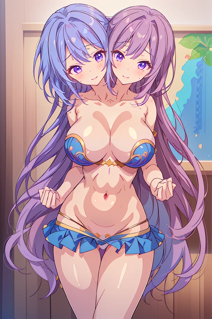 (masterpiece, best quality),best quality, (ultra-detailed), ((3heads:1.5)), 1girl, (shion yorigami:1.3), three heads, masterpiece, (high quality), (high resolution), (best quality:1.5, highres, UHD), highres, absurdo, ultra detail, ultra quality, ultra resolution, gray top, crop top, ((stomach)), midriff, ((groin)), blue semi-transparent skirt, normal ears, shackles, purple hair, very long hair, wavy hair, curly hair, smiling, blue eyes, very detailed eyes, parted lips, blue ghost-like tail, sweat, cute, toned belly, hand on own chest, eyelashes, (24 year old woman:1.3), (masterpiece:1.5), (best quality:1.5), (beautiful detailed), extremely detailed CG, extremely delicate and beautiful, depth of field, (finely detailed face), (perfect details:1.2), (mature female:1.3), wide pelvis, slender, large veiny breast, 16k resolution, highres very high quality, very high definition, extremely detailed, masterpiece, purple hair, long hair, alluring presence, smiling, short skirt, close up, very big tits, huge breasts, young,3heads, girl with three heads, three headed girl,