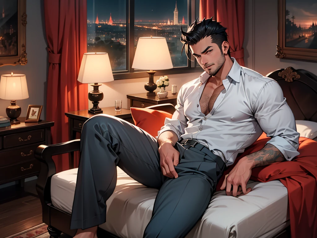 upshot crotch: 2, high quality:1.2,ultra high res, crotch forcus:1.3, dark_theme, low_light, extremely detailed character, 1Anime guy, 38_year_old, manly, handsome,  chubbey, Muscular, firm chin, Stubble:1.7,sideburns:1.7, super short hair, shaved hair:1.4, (white wild open Shirt), BREAK ((gray slacks pants)),crotch bulge, Dark luxury hotel room with lights off, a bed by the window with a night view, sitting with legs stretched out