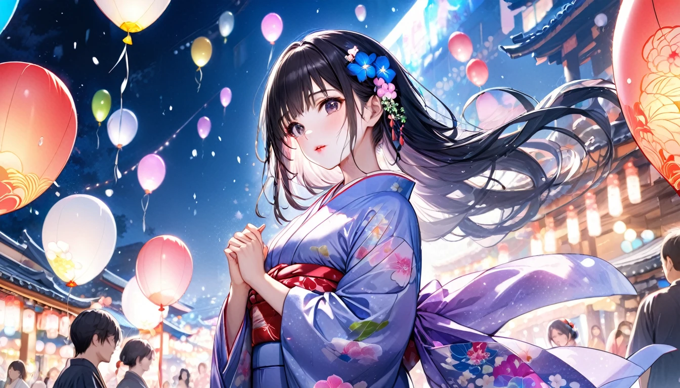 Panorama, Low - Angle,One woman, Japanese Festivals, Black Hair、Long Hair (Girl, Beauty, Moisture in Every Detail), (Glossy pink lip), Wearing a very beautiful yukata with double exposure morning glories) break, Night summer festival dance event, Many small prayer paper balloons in the background, break, There are no people in the background, Perfect Anatomy, masterpiece, Highest quality, 16K, Beautiful details night, Utopian performance.arms behind back