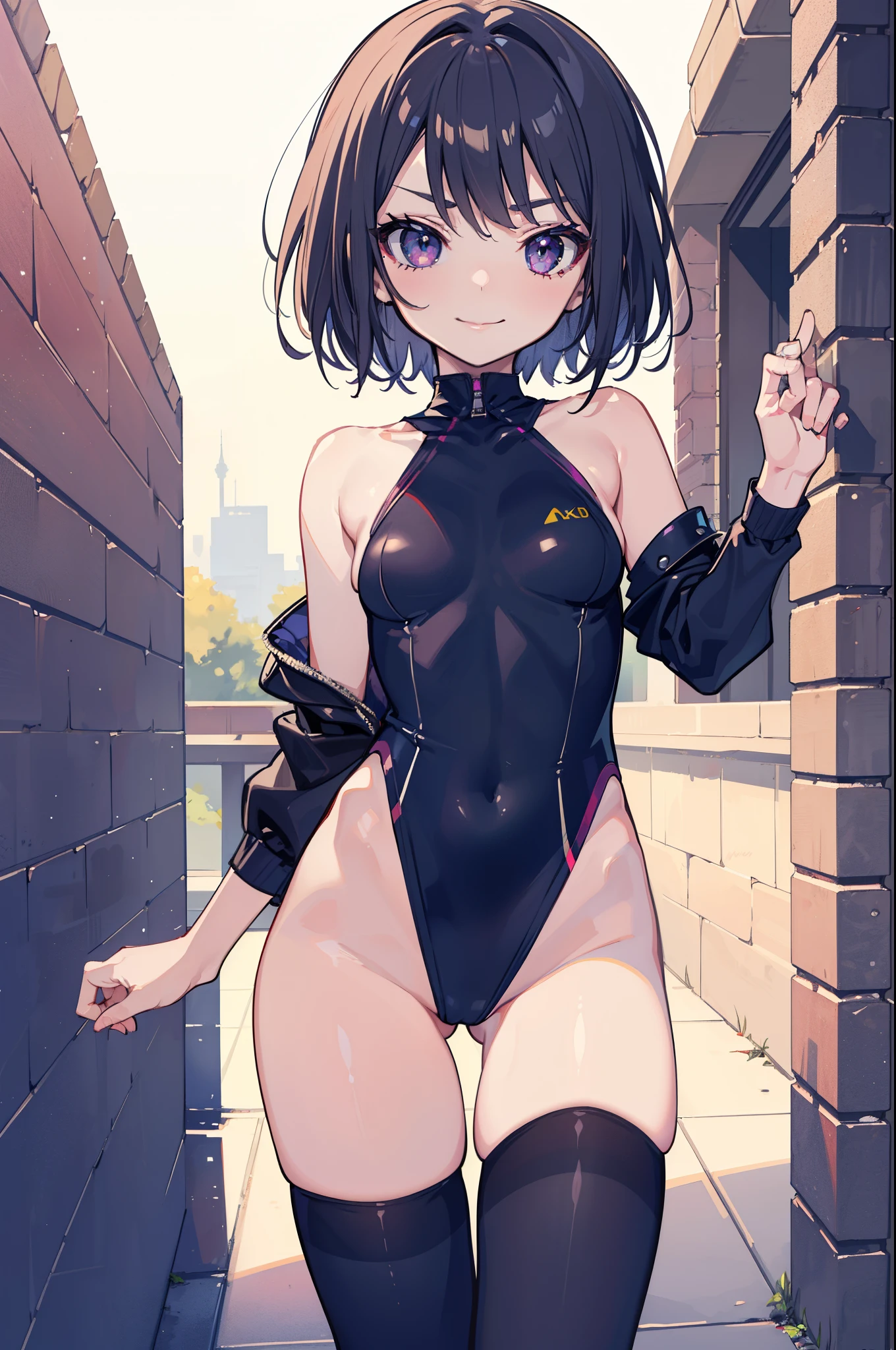 (ideal:1.1), (perfection:1.1), (flawless:1.1), (best quality:1.2), (highest quality:1.2), street, 1girl, solo, (:1.2), (child:1.1), sexy smirk, comfy clothes, thigh highs, (sexy thighs:0.9), small breasts, athletic body, highest quality eyes, highly detailed, 4k, best resolution, high quality shadows, beautiful quality light, best quality upscale, most beautiful upscale