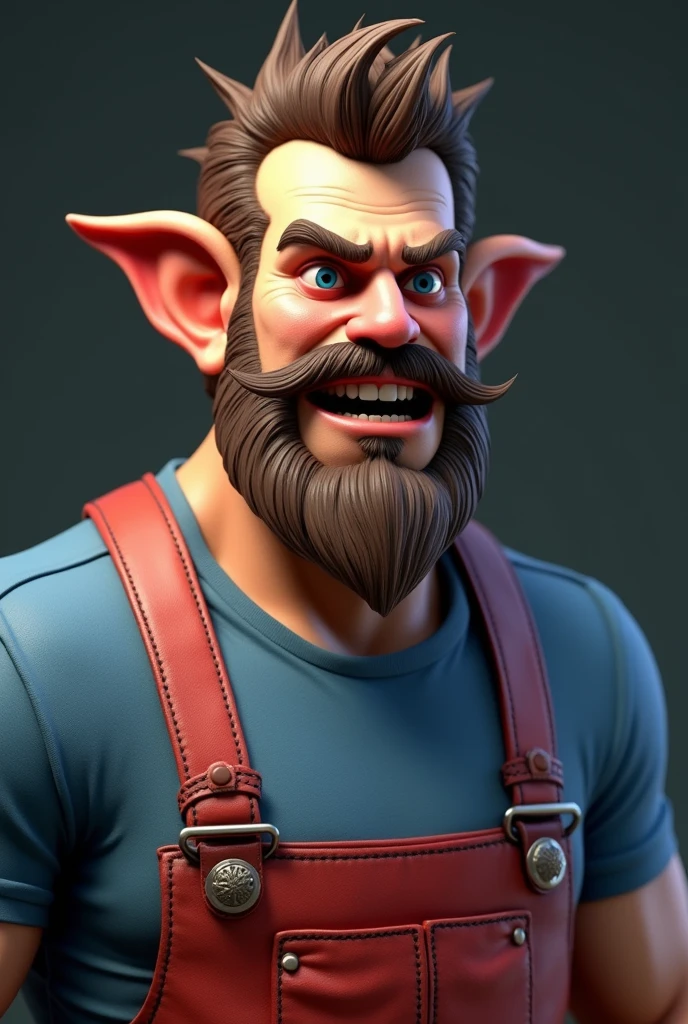 American male in his late 30s, brown hair, Hair of moderate length, lifted upwards, The head is split into several clumps along the length., Side hair is shaved short, The moustache is long and covers the sides.. The beard is round and bushy., The chin is long and opens very widely to the sides., The ears protrude in a triangular shape to the sides., The eyebrows are dark, thick and straight., deep eyes, good impression, serious expression, A wrinkle forms between the eyebrows, Wide nose, The nose is slightly red overall.,  The earlobes are also slightly red, Protruding cheekbones, The face is slightly sunken due to lack of cheek fat, Mouth wide open from side to side, The pupils are blue, Deeply sunken double eyelids, Very big and broad shoulders., Neck is thicker than face, Heart full of strength, He wore a blue short-sleeved shirt., Wearing red overalls, 3d character image