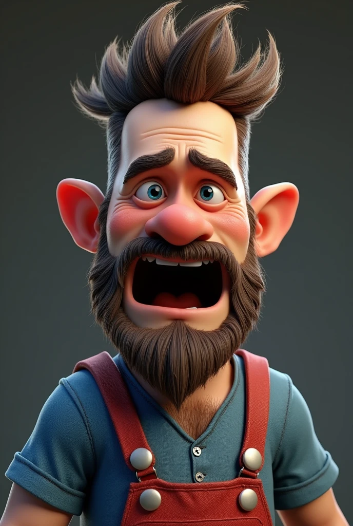 American male in his late 30s, brown hair, Hair of moderate length, lifted upwards, The head is split into several clumps along the length., Side hair is shaved short, The moustache is long and covers the sides.. The beard is round and bushy., The chin is long and opens very widely to the sides., The ears protrude in a triangular shape to the sides., The eyebrows are dark, thick and straight., deep eyes, good impression, serious expression, A wrinkle forms between the eyebrows, Wide nose, The nose is slightly red overall., The earlobes are also slightly red, Protruding cheekbones, The face is slightly sunken due to lack of cheek fat, Mouth wide open from side to side, The pupils are blue, Deeply sunken double eyelids, Very big and broad shoulders., Neck is thicker than face, Heart full of strength, He wore a blue short-sleeved shirt., Wearing red overalls, 3d character image