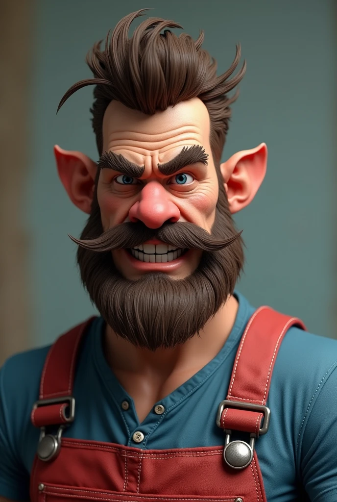American male in his late 30s, brown hair, Hair of moderate length, lifted upwards, The head is split into several clumps along the length., Side hair is shaved short, The moustache is long and covers the sides.. The beard is round and bushy., The chin is long and opens very widely to the sides., The ears protrude in a triangular shape to the sides., The eyebrows are dark, thick and straight., deep eyes, good impression, serious expression, A wrinkle forms between the eyebrows, Wide nose, The nose is slightly red overall.,  The earlobes are also slightly red, Protruding cheekbones, The face is slightly sunken due to lack of cheek fat, Mouth wide open from side to side, The pupils are blue, Deeply sunken double eyelids, Very big and broad shoulders., Neck is thicker than face, Heart full of strength, He wore a blue short-sleeved shirt., Wearing red overalls, 3d character image